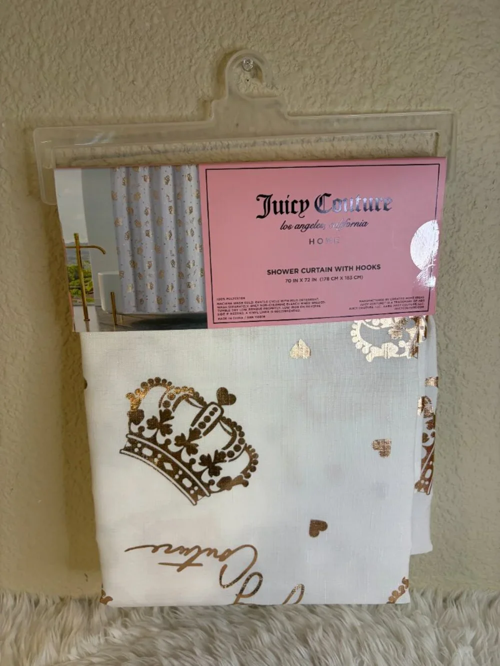 Juicy Couture Crown Heart Shower Curtain Rose Gold Hooks 70x72 NWT